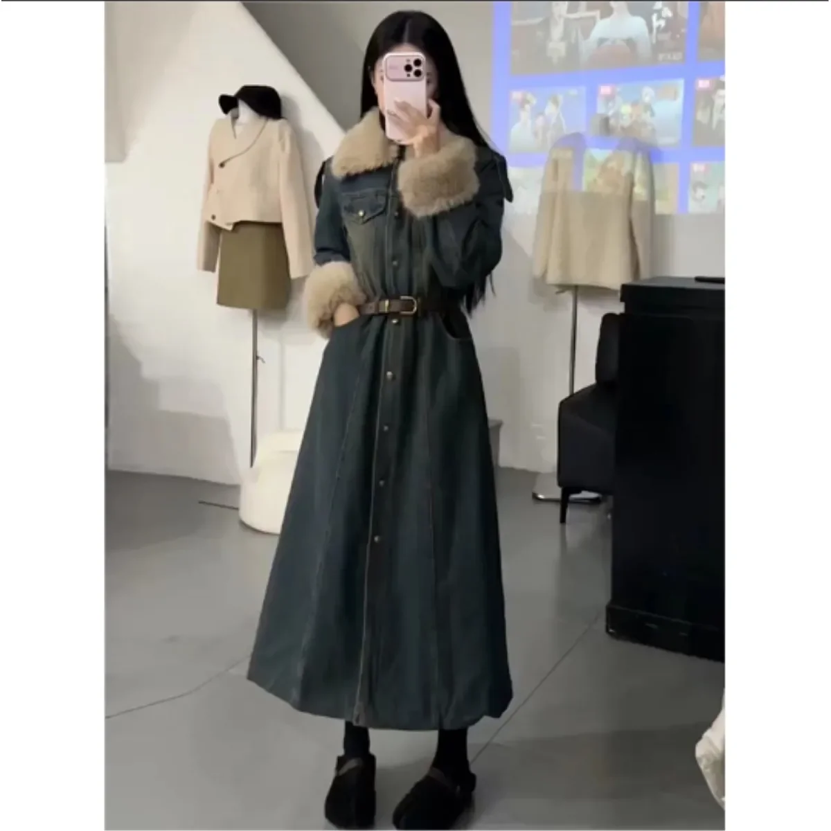 Women's Lamb's Wool Patchwork Cowboys Cotton Coat Jacket Winter New Long Overcoat Coat Comfort  Fashion Winter Coat Women