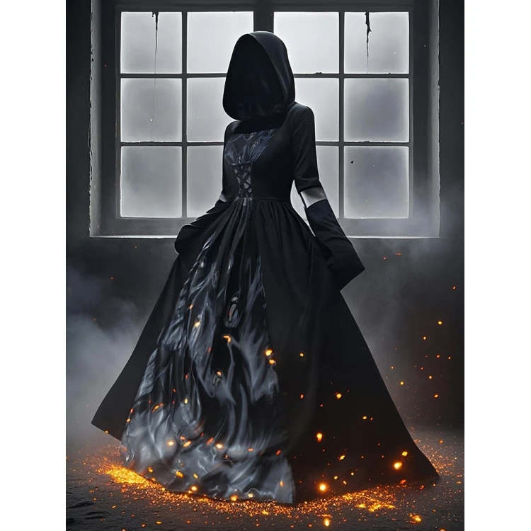 Halloween Hexe Dr mit Kapuze Skelett Hexe Lang Dr Performance Kostüm Bühnenoutfit Traditionelle Damenbekleidung