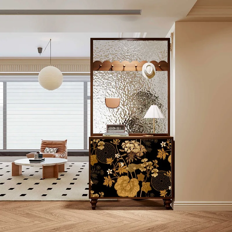 New Chinese-style retro entrance cabinet Solid wood water pattern glass entry door Screen partition Living room storage Shoe cab
