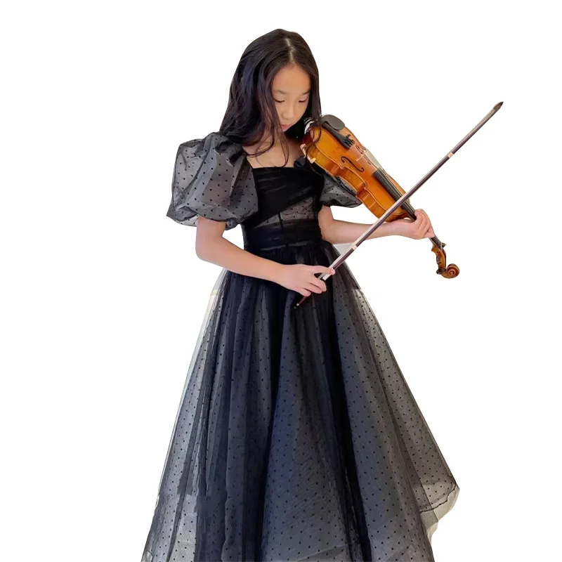 Girl Evening Dress for Kids Elegant Black Vintage Puff Sleeve Gowns Teenages Party Dresses Children Violin Performance Vestidos