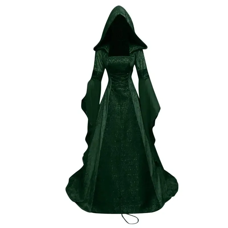 

New Halloween Cosplay Minimalist women's coswear, medieval retro style wedding dress, 4-color hooded waist tied dress cosplay