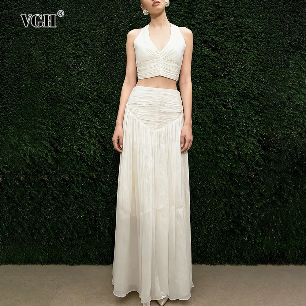 

VGH Летние повседневные однотонные комплекты из двух предметов для похудения для женщин, топ без рукавов с v-образным вырезом, юбка с высокой талией, милый комплект, женский модный стиль