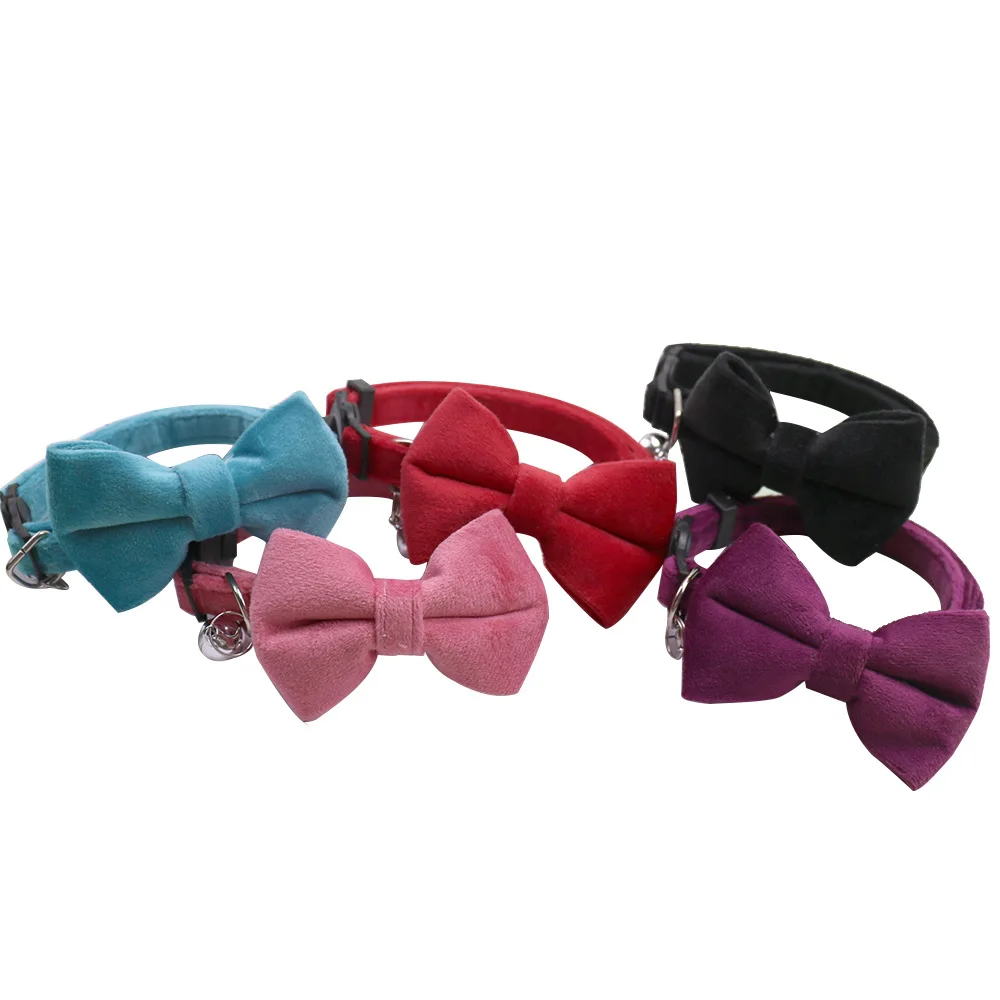 Velvet Bowknot Cat Collar Adjustable Safety Buckle Kitten Bow Tie Solid Color Cats Collar with Bell Pets Accessories