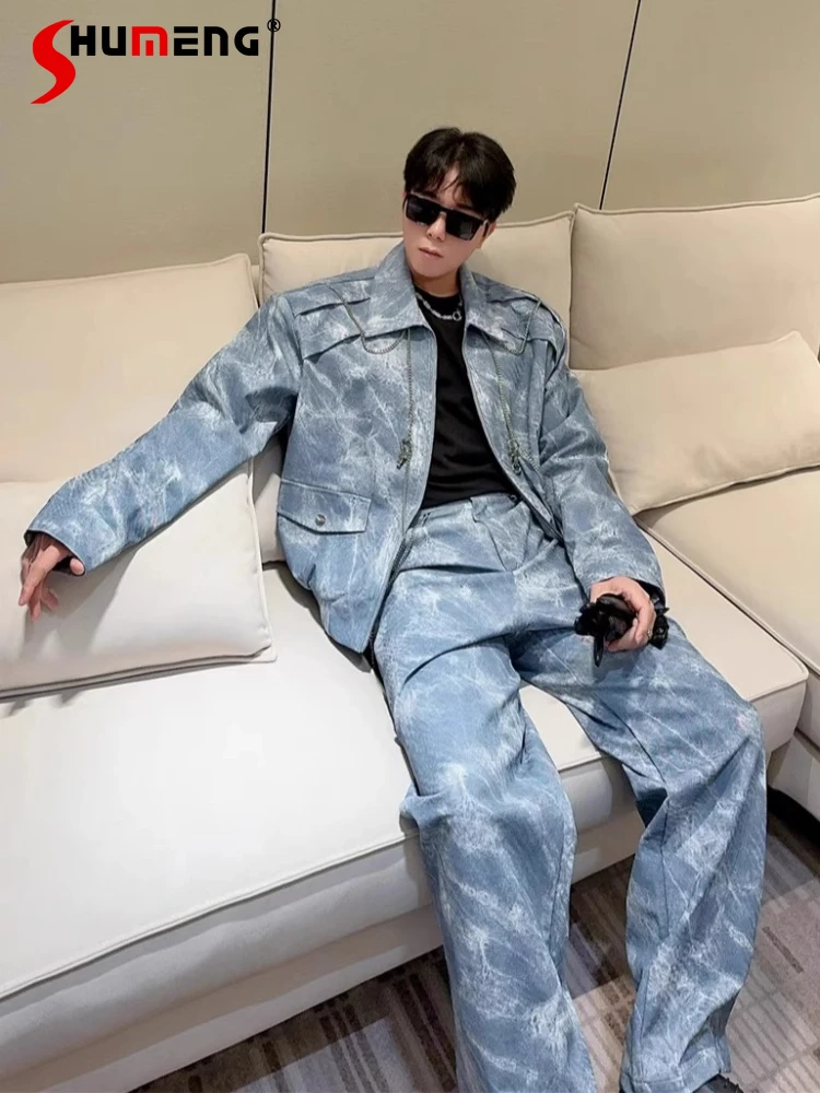 

Модные комплекты курток из искусственной кожи с цепочкой из 2 предметов для мужчин, осень-зима 2025 года, новый комплект из двух предметов, свободные удобные мотоциклетные куртки, комплекты брюк