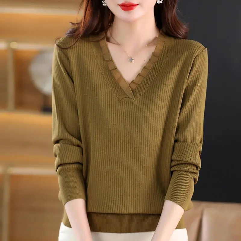 

Spring Autumn New Fashion Lace V-Neck Screw Thread Knitted Sweaters Solid Color Loose Casual Versatile Women's Long Sleeve Tops