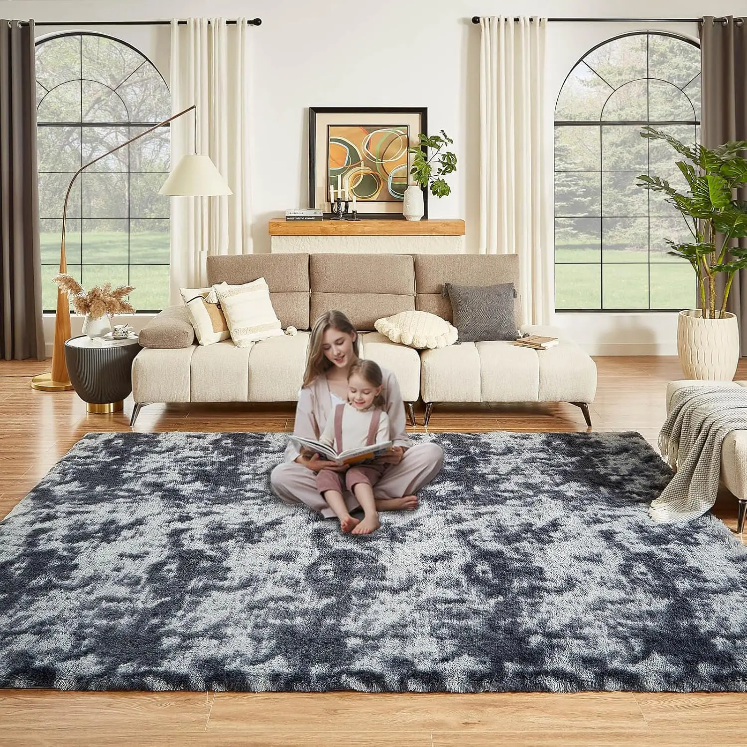 

9x12 Shag Rug for Living Room, Tie-Dyed Dark Grey, Soft Area Rugs for Bedroom, Large Fluffy Shaggy Carpets