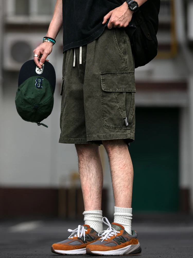 ‌Men Summer Cargo Shorts Cotton Casual Streetwear Japanese Style Loose Fit Multi Pocket Beige High Quality Trendy Oversized‌