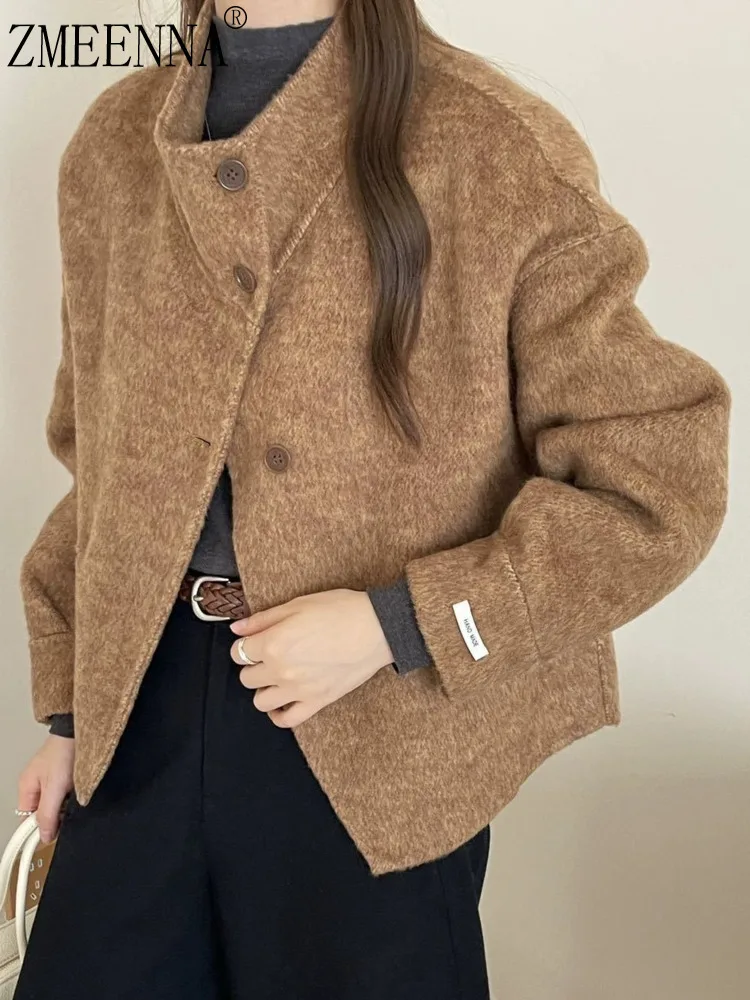 

ZMEENNA женская короткая шерстяная куртка, элегантное зимнее пальто с воротником-стойкой, шикарная верхняя одежда большого размера на пуговицах ZM3744