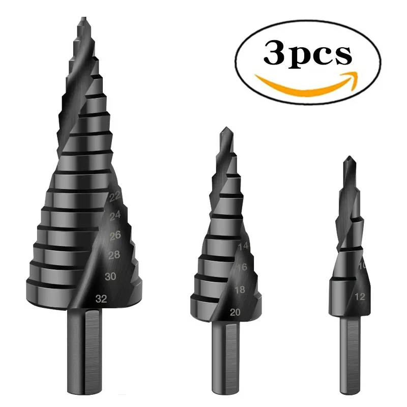 Step Drill Bit Set Black Nitride Coating Spiral Tower Triangle Handle Reaming Tool For Drilling Holes Bulk