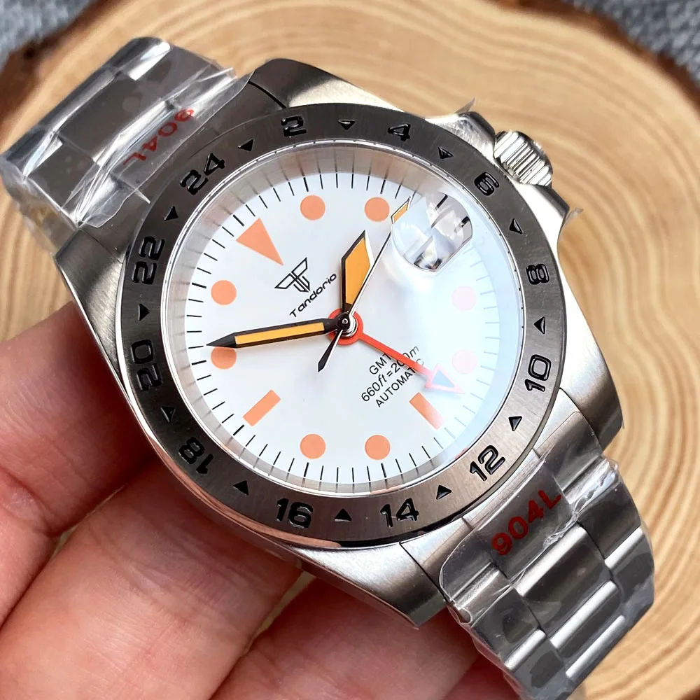 Tandorio Diving NH34 GMT 20ATM Waterproof 39mm Black White Mechanical Automatic Watch For Men Stainless Steel Clock Orange Hands