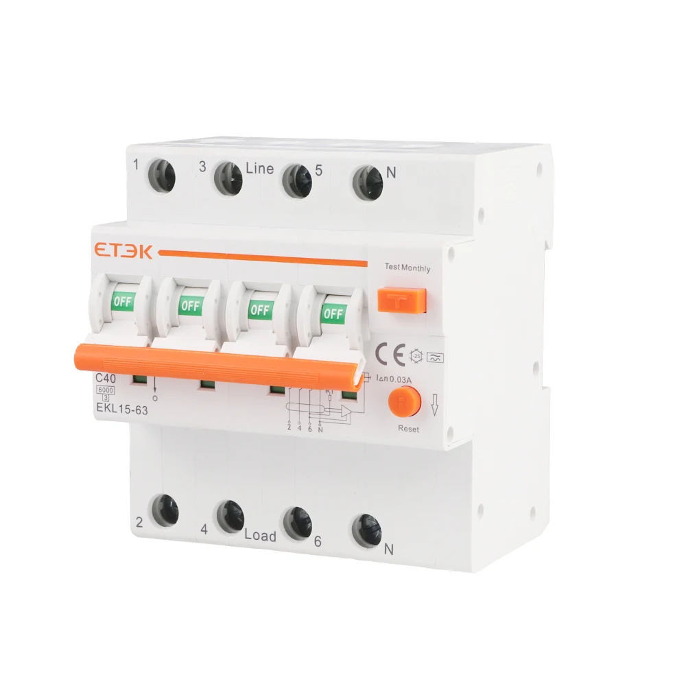 ETEK Low Voltage RCBO 4P(3P+N)  30mA A type RCD Overload Short Current Leakage Protection Protect RCBO RCD 25A 32A 40A 63A EKL15