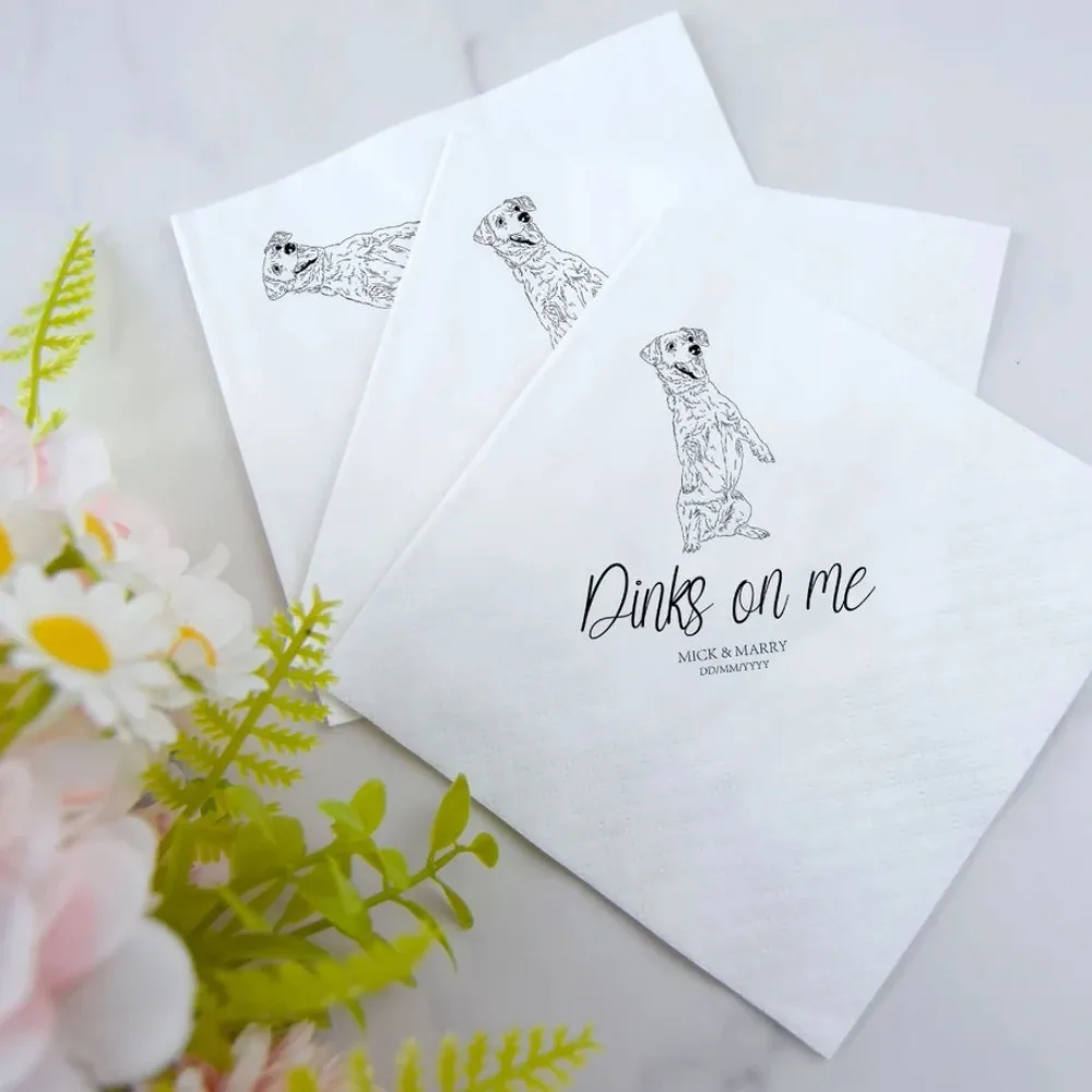 80 pcs Custom Illustrated Dog Wedding Napkins|Custom Pet Wedding Napkins|Custom Paper Napkins|Custom Engagement Napkins