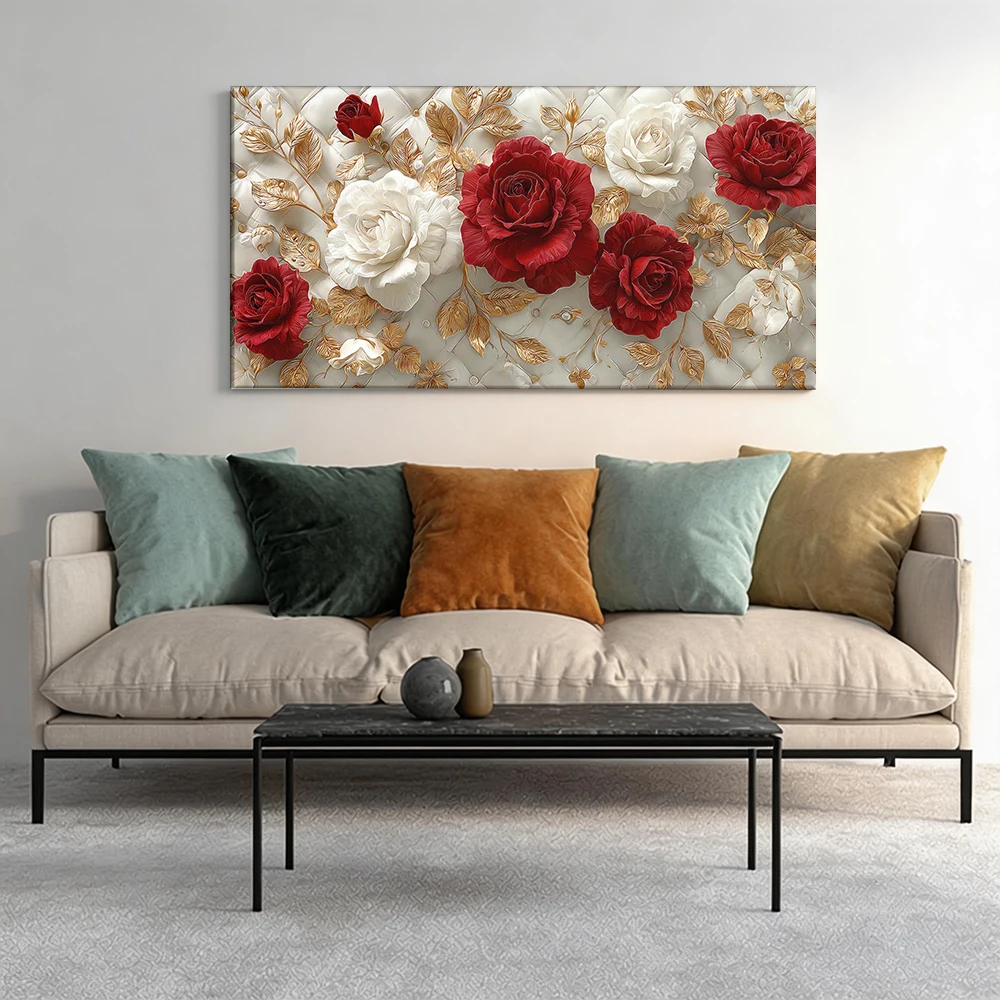 

Large-sized solid wood frame canvas painting 1pc Wall decor, red white roses.