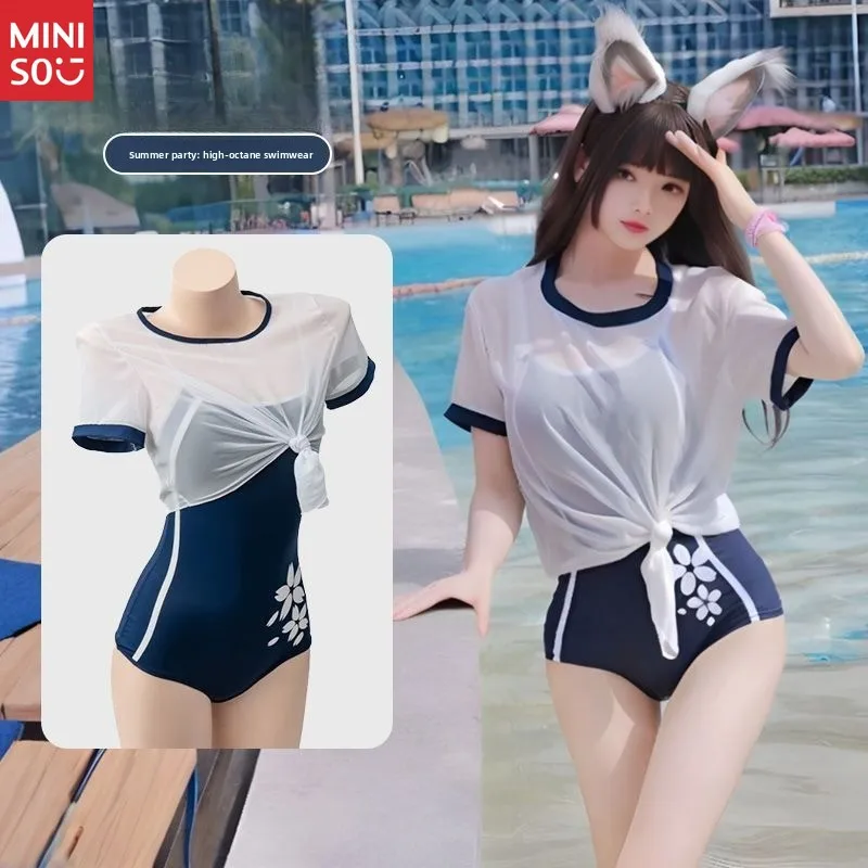 

Купальник Miniso из орехового дерева, женский разделенный комплект из двух предметов, Naraka Bladepoint, сексуальный, соответствующий цвету, с высокой талией, обтягивающий, с короткими рукавами, летний