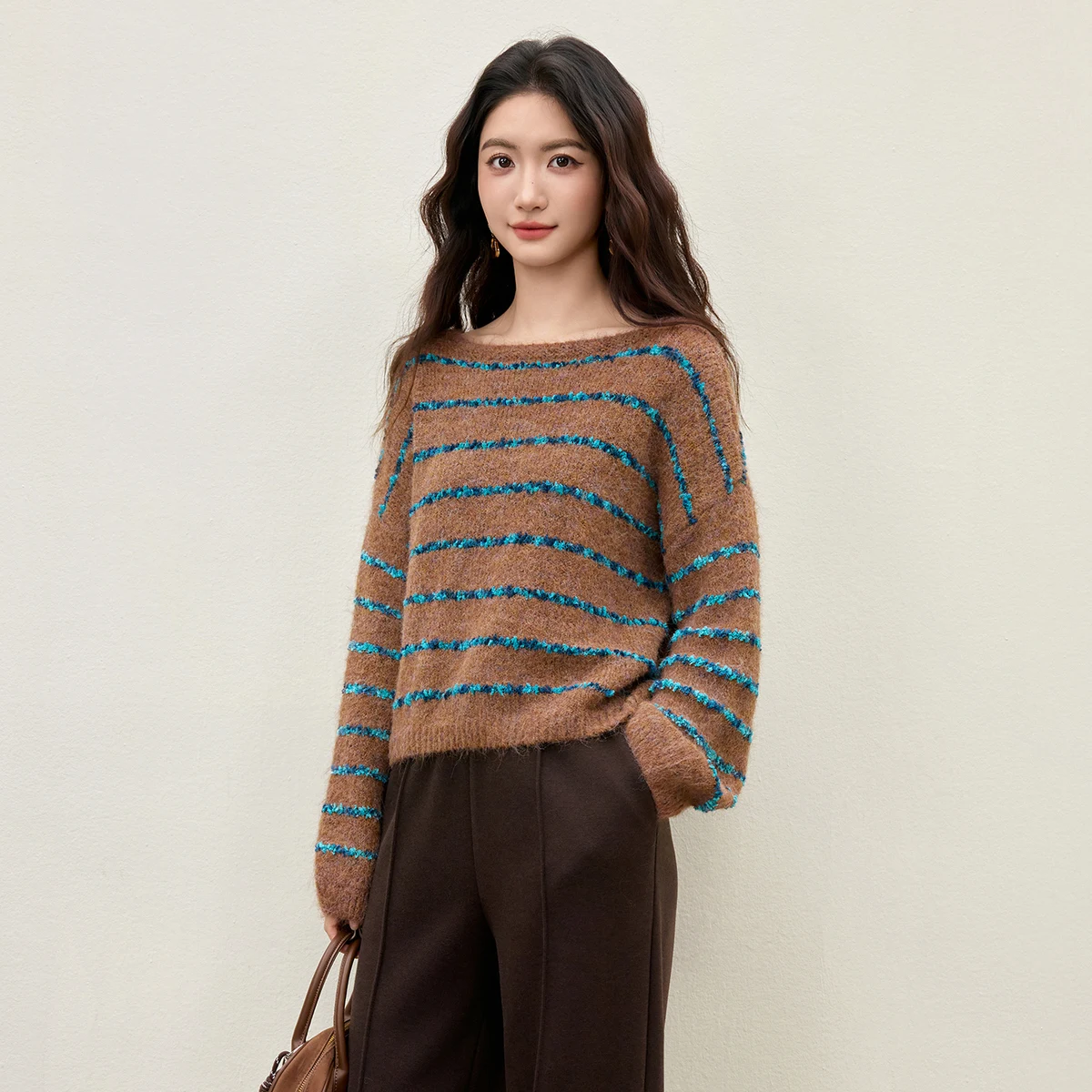 

SENTUBILA Winter Women 2025 Striped Pullovers Casual Warm Knitted Sweater Elegant Round Neck Loose Fit Ladies Tops W54EE4836