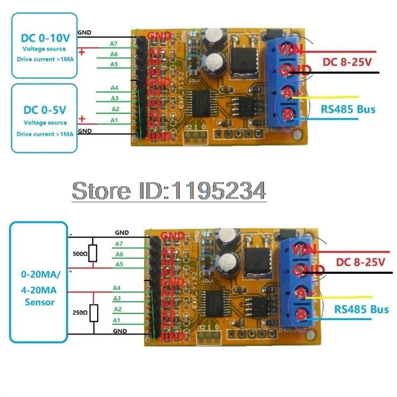 1pcs 0-5V/0-10V 7ch Voltage Analog Acquisition RS485 Modbus RTU R4AVA07 Module