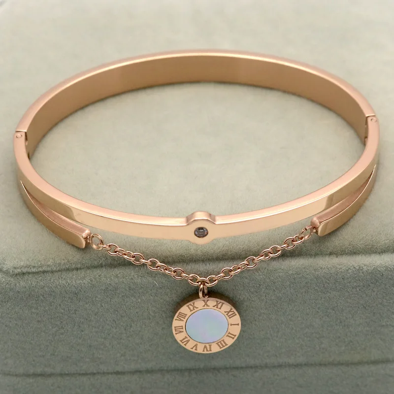 Crystal Rose/Gold-Color  Stainless Steel Lucky Bracelet & Bangle Roman Numeral Charm Chain Bracelet For Women