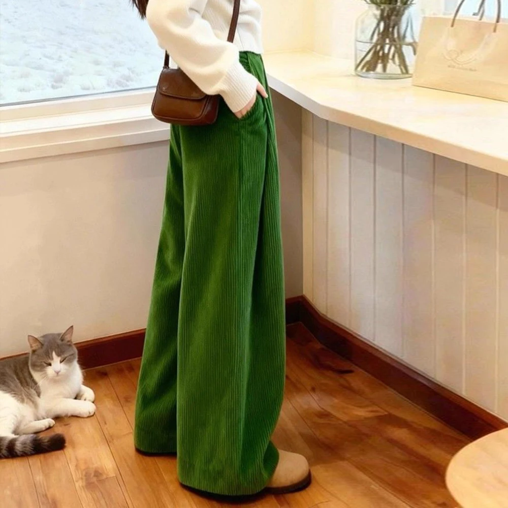 retro lazy loose casual design feeling super good-looking 2025 autumn and winter green corduroy wide-leg pants women's clothing