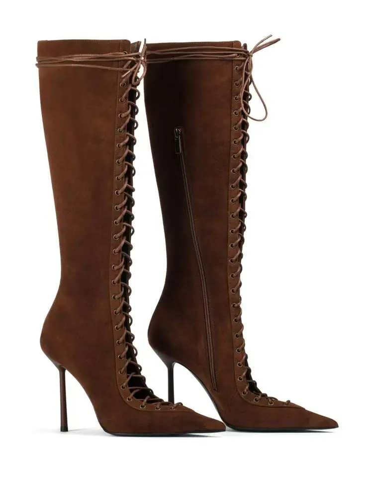 2026Spring/Summer New Lace Up Short Cool Boots Side Zipper Banquet Slimming High Heels Sexy Knee Length Women's Boots image 3