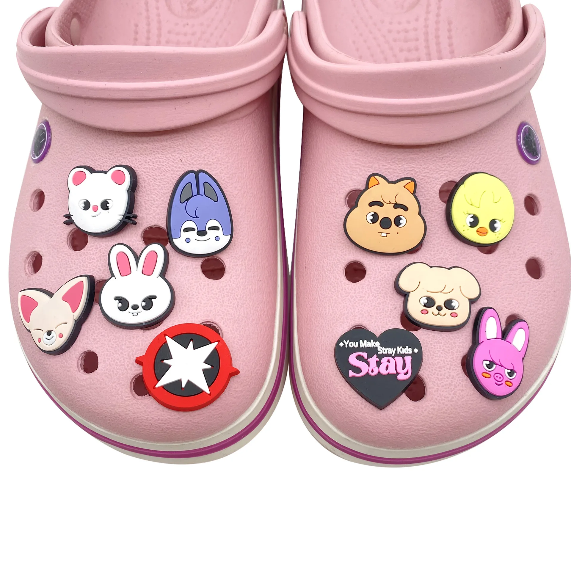 10 piezas/set de figuras de Skzoo Korean Stray Kids Idol Boy Wolfchan Leebit, lindas figuras de dibujos animados para zapatos con orificios, accesorios de anime DIY, regalo.