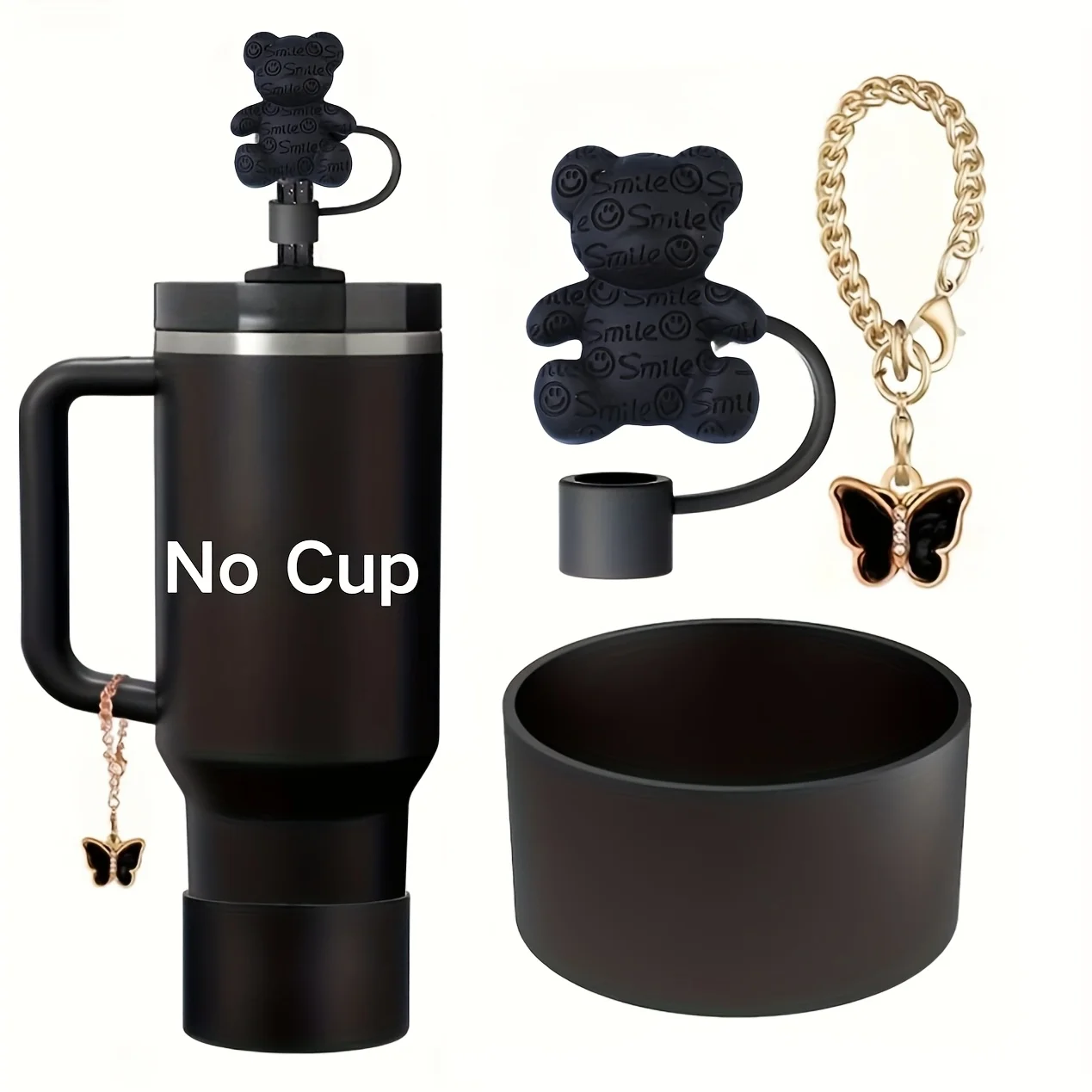 3pcs Bear Water Bottle Accessory Set with Straw Covers Water Boots And Butterfly Pendant Compatible with Standard Bottles