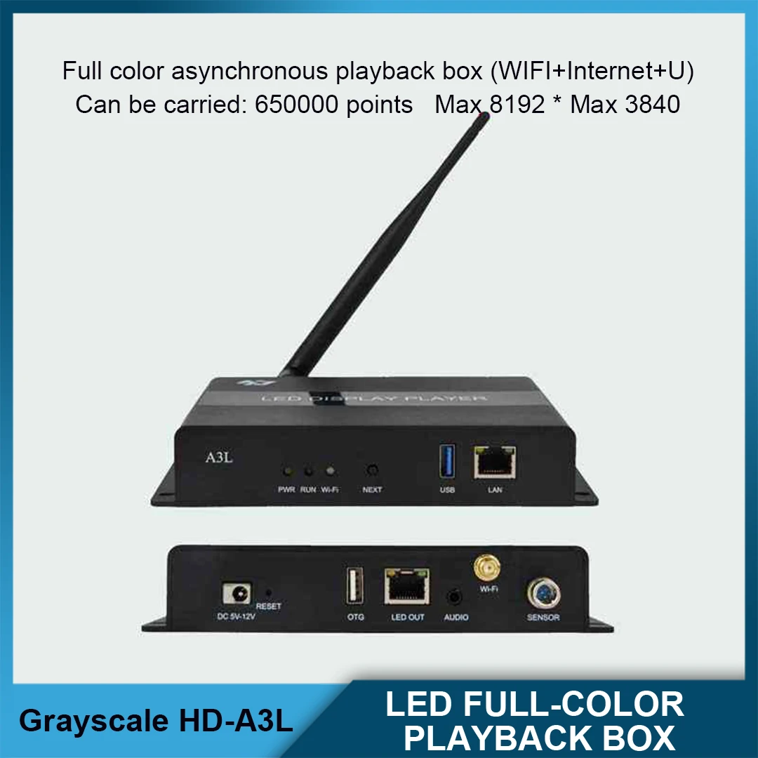 

HD-A3L Асинхронный светодиодный контроллер Полноцветная система управления светодиодным дисплеем поддерживает управление Wi-Fi мобильного телефона
