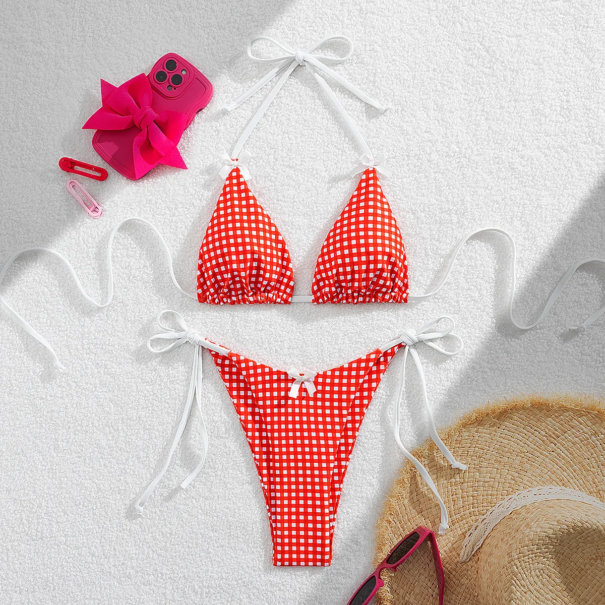 DEKA Brazilian Red Plaid Bikini Set Women Cut Out Swimsuit Print Swimwear High Waist Triangle Micro Two Piece Suit Biuqini Beach