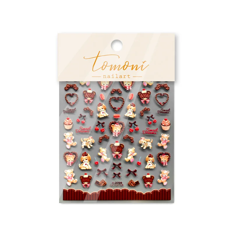1 foglio 5D realistico rilievo Retro torta cioccolato orso casa del cane fiore anatra adesivo Nail Art adesivi decalcomanie Manicure Charms