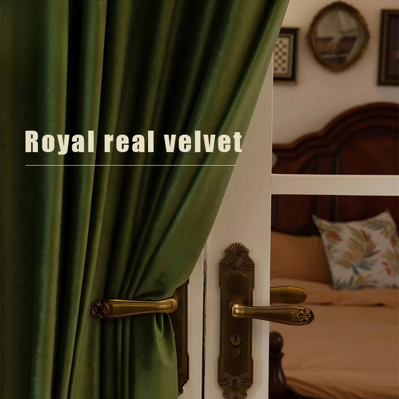 Thickened Silk Velvet Blackout Curtains European Olive Green with White Tulle Custom Size for Living Dining Bedroom Fashion