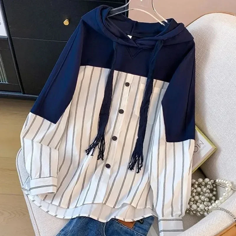 Fake Two-Piece Stitching Striped Long-Sleeved Shirt Women's Spring And Autumn 2026 Loose Korean Drawstring Hooded Thin Top KX90