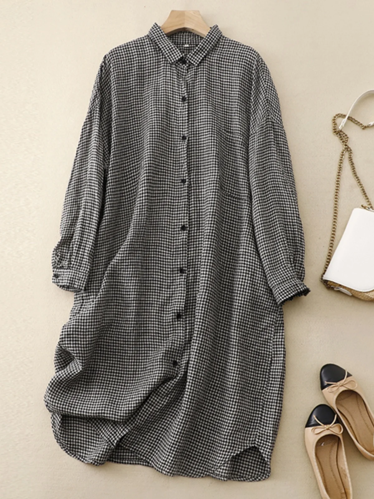 قطن كتان طويل Sve irt Dr Women أوائل الخريف Faion كاجوال فضفاض متوسط الطول على شكل حرف a مع سترة مفتوحة #4