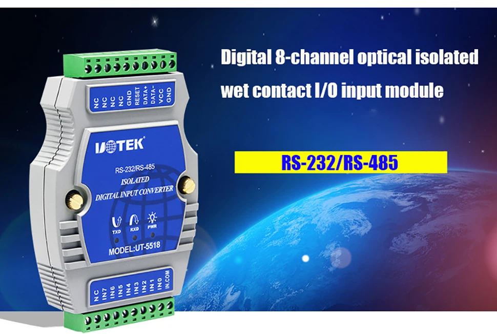 UOTEK IO RS232 RS485 Adapter Digital 8 Channel Optical Isolated Wet Contact I/O Input Module Controller UT-5518