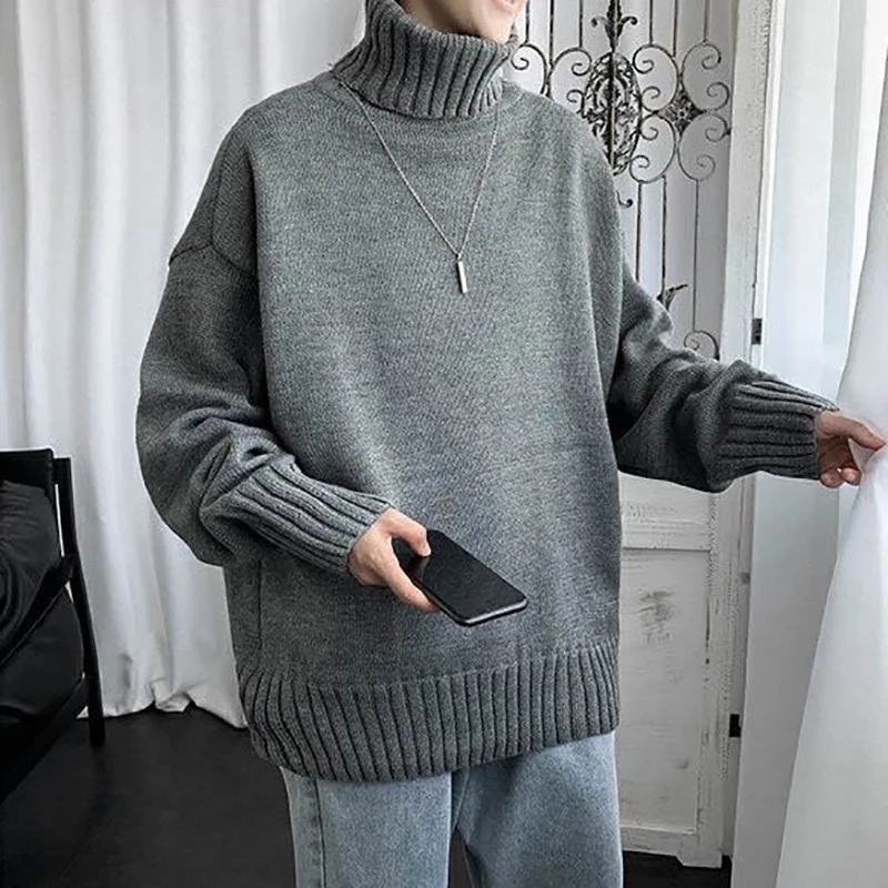 Autumn Winter Men Turtleneck Long Sleeve Sweater Keep Warm All-match Street Fashion Harajuku 2xl Oversized Pullovers Black Grey