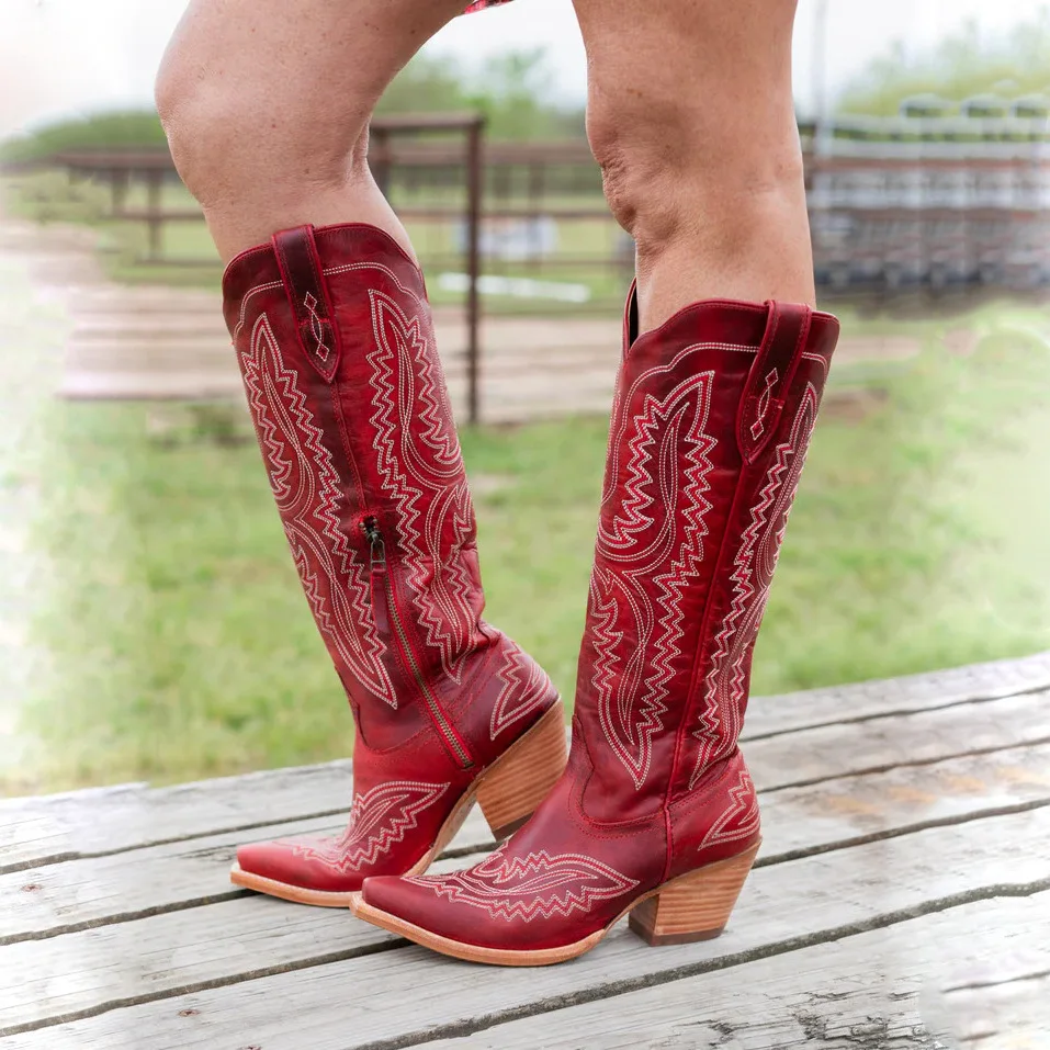 

Pointed Toe Thick Heel High-Tube Large Size Western Cowboy Boots Embroidered Side Zipper Retro Women's Botines Knee-High Botas