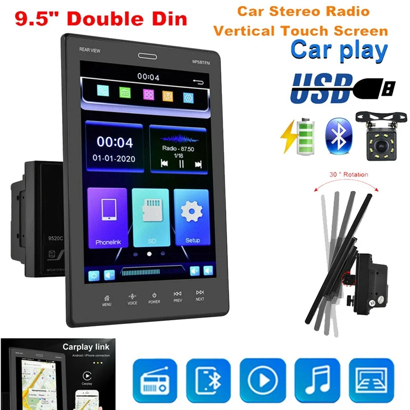 

2Din Press Screen MP5 Player Car Stereo FM Radio For Apple/Android Carplay Bluetooth Mirror Link Navi+8 LED Camera