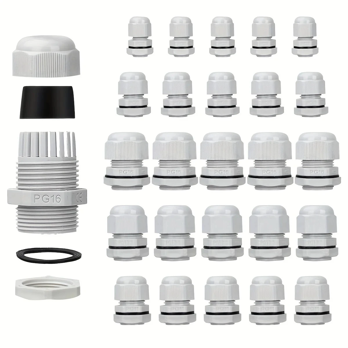 25Pcs Nylon Waterproof Cable Gland Kit IP68 PG7 PG9 PG11 PG13.5 PG16, Adjustable 3-14mm Cable Fixing Sleeve, Dustproof Wire Conn