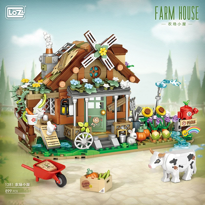 LOZ Creative Windmill Farm House Animal Homeland Building Block Moc Farm Cabin Garden Cart Cow Toys Assembly Brick For Kids Gift