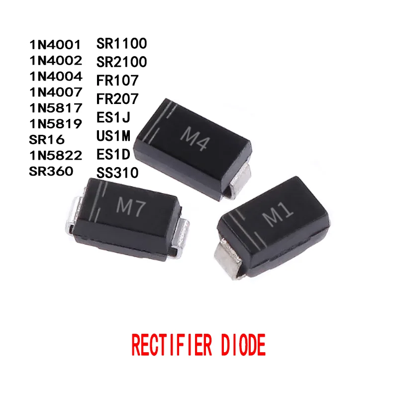 

50 шт. M1 M2 M4 M7 SS12 SS14 SS16 SS24 SS34 SS36 SS110 SS210 SS310 RS1M RS2M ES1J US1M ES1D 1N4007 Выпрямительный диод DO-214AC SMA
