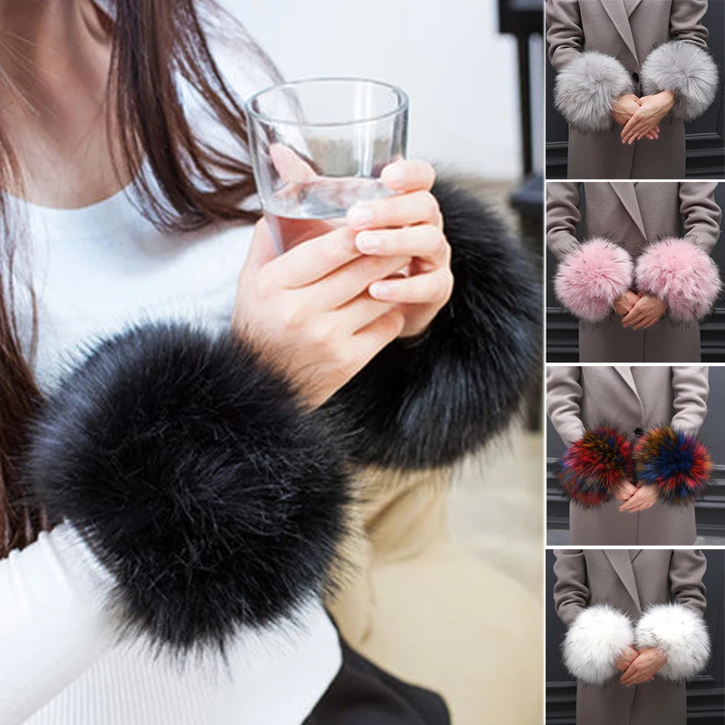 1 Pair Women Thick Fur Cuffs Winter Faux Fox Fur Elastic Oversleeve Arm Gloves Warm Plush Windproof Wristband Jacket Accessories