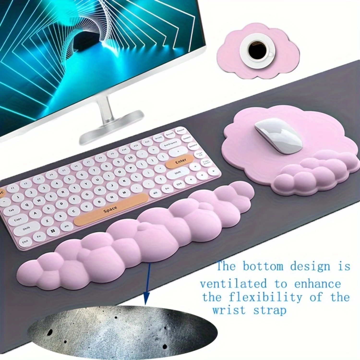 Tappetini per mouse e tastiera a forma di nuvola in 3 pezzi con set di supporto per il polso - Accessori da scrivania ergonomici in pelle PU con resistente all'acqua