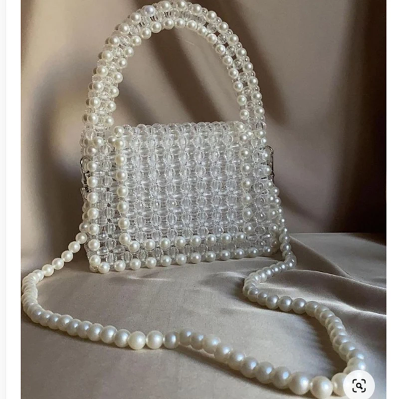 High Quality Transparent Beaded Splicing Woven Women's Bags New Ins Pearl Chain Flap Crossbody Bag Customized Fashion Handbag