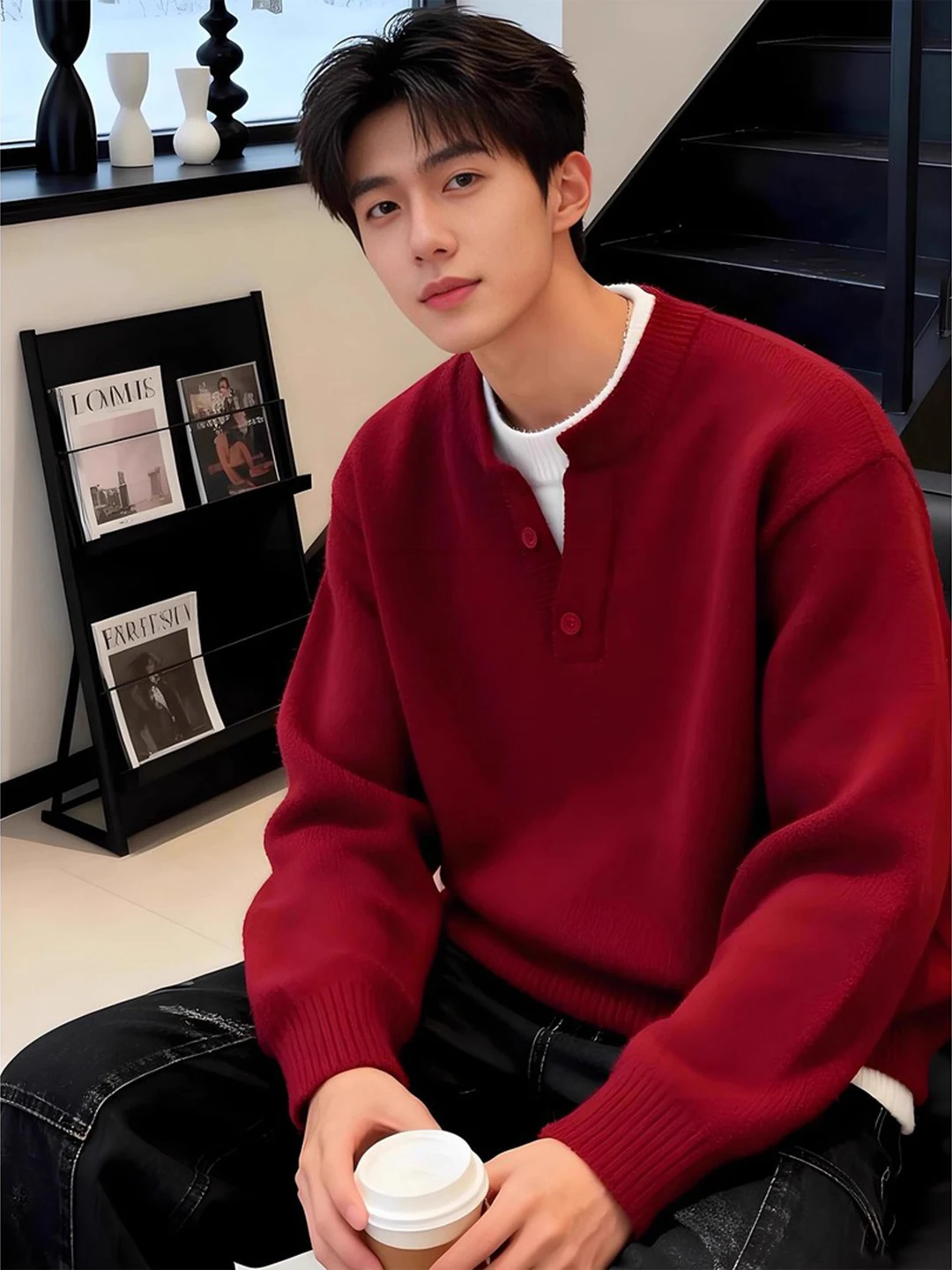 

Red Henry Collar Knitted Sweater Men's Winter Year Fortune T-irt Casual Sle Inner Wear Soft Polyester Fabric