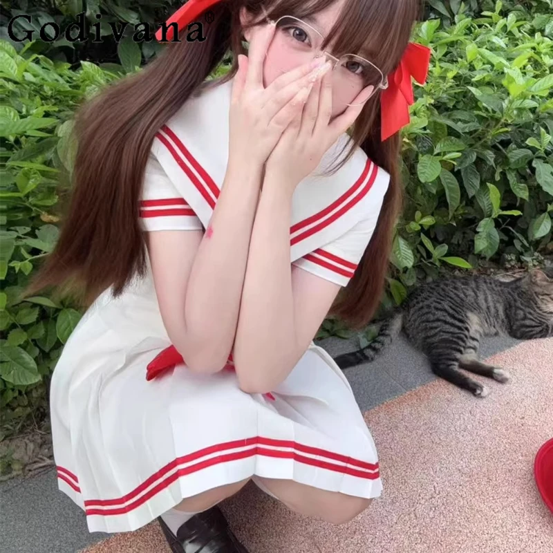 

JK Japanese Long Sleeve Navy Collar Fashion Loose Shirt Spring Autumn Girl College Sweet Versatile High Waist Pleated Skirt Sets