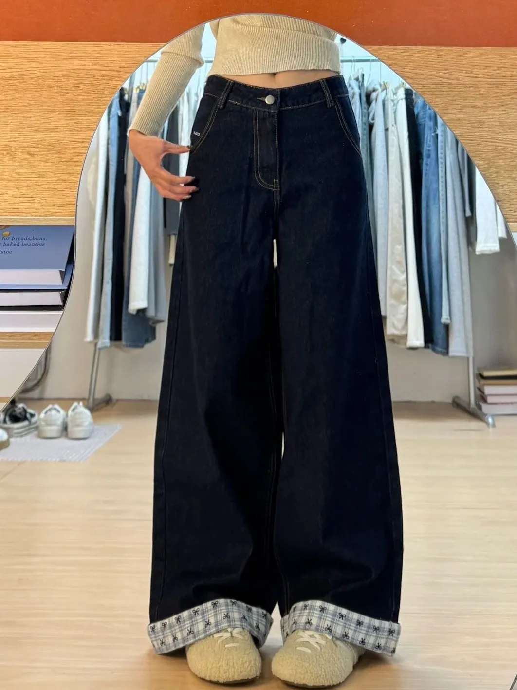 

Американские джинсы-клеш в клетку с высокой талией для женщин, большие размеры, свободные, прямые, широкие брюки, новинка зимы