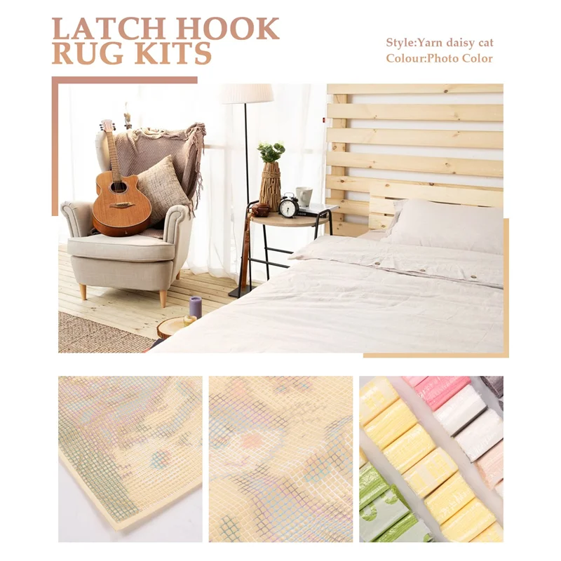 A59E-Latch Hook Rug Kits DIY Crochet Yarn Rugs Hooking Craft Kit With Color Preprinted Pattern Design For Adults Kids (Cat)