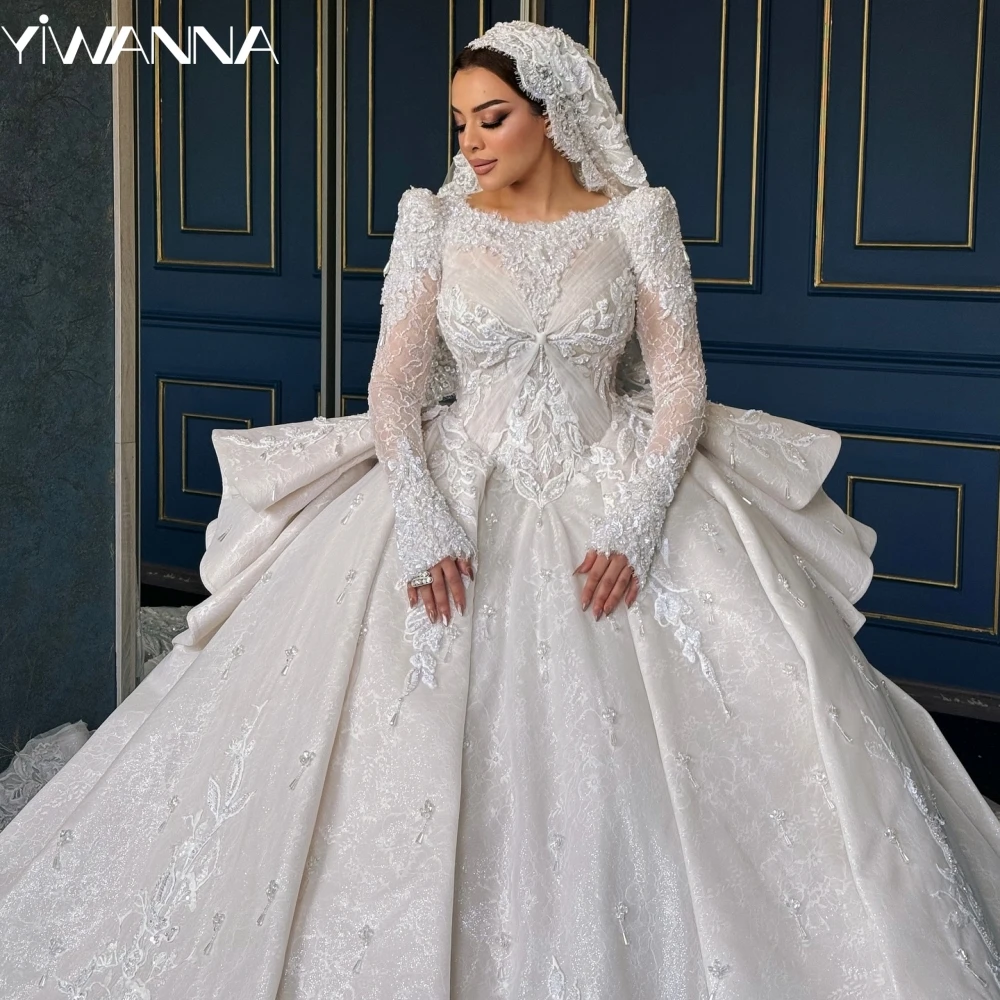 Muslim Beaded Appliques Princess Wedding Dress Modest O-neck  Long Sleeve Bridal Gown Customized Graceful Lace Dresses For Bride