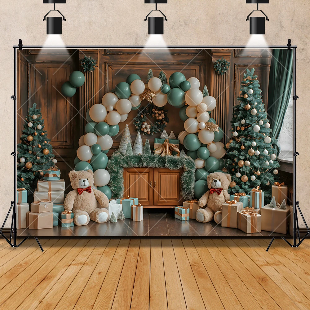 Christmas Warm Plush Bear Christmas Tree Kid Baby Gifts Family Party Backdrop Custom Kid Room Photo Poster Decor Wall Background