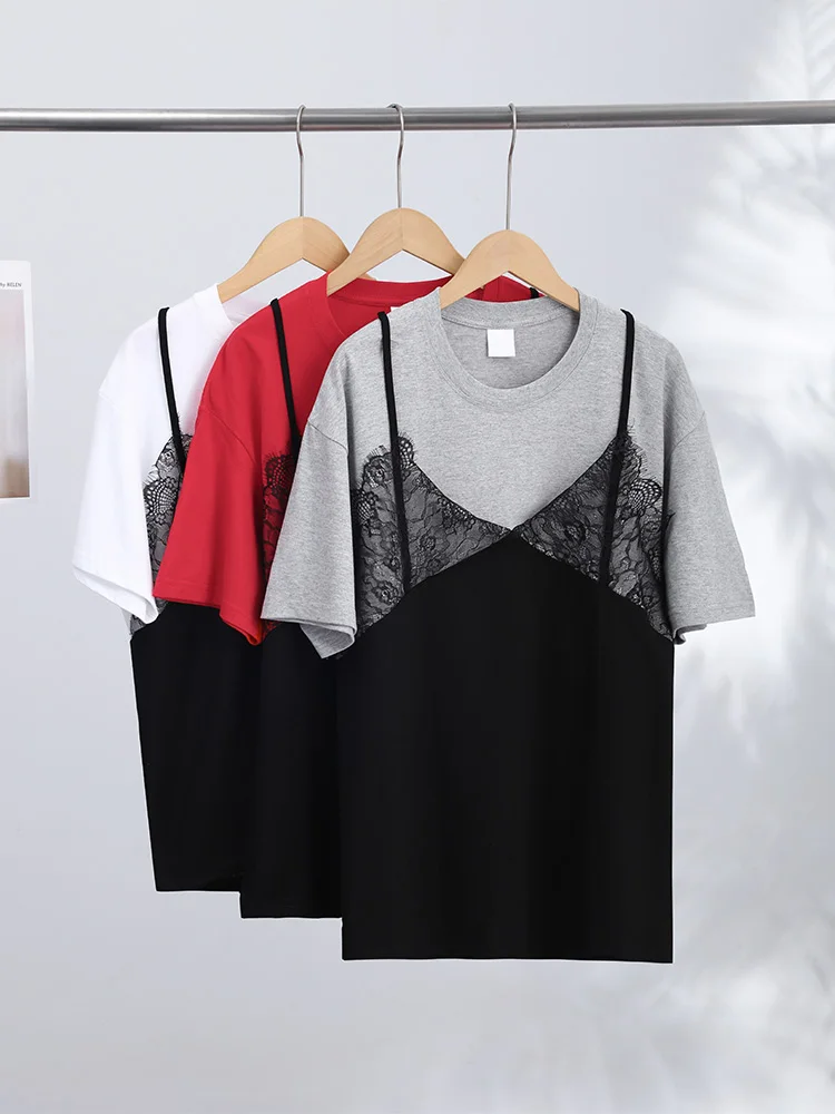 Spitzen-Patchwork T-Shirt mit Fake-Zweiteiler-Effekt für Damen, Eleganter Rundhalsausschnitt, Kurzarm, Locker Geschnittenes Oberteil, Frühlings-Chic, Neue Club- und Partykleidung – Detail 3