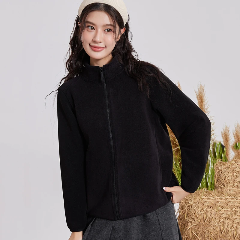 New Stand Collar Warm Polar Fleece Jacket Women Autumn Winter Long Sleeve Zip Up Coats Woman All Match Pocket Solid Plush Jacket
