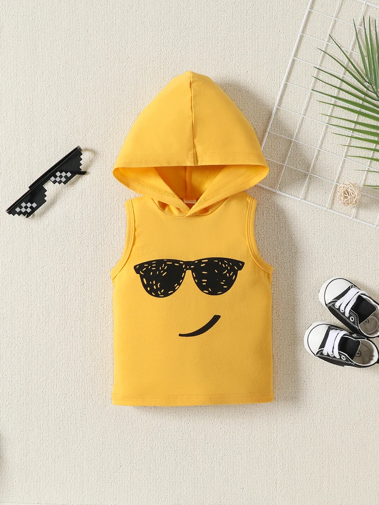 2pcs Summer Baby Boys Fashion Vest Set Cartoon Hooded Sleeveless Top Paired with Black Elastic Shorts Newborn Clothing 3-24M